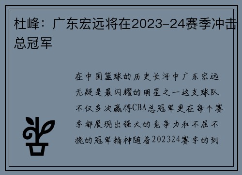 杜峰：广东宏远将在2023-24赛季冲击总冠军